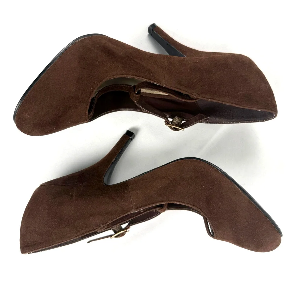Journee Collection Heels Pumps Stiletto Suede Brown T-strap Buckle Size 8.5